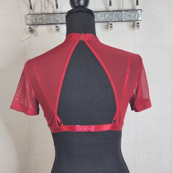 Avidlove Red Mesh Sheer High Neck SS Poly Span Crop Top with Built in Bra Size M - Picture 11 of 16